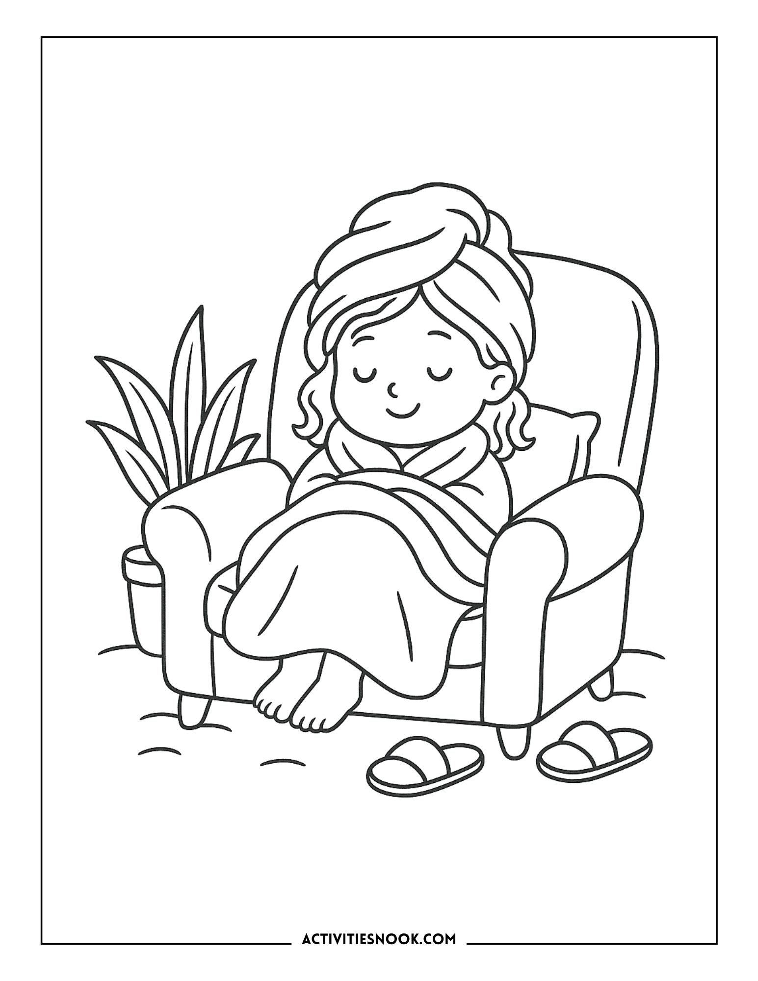 A girl relaxing in a cozy chair, wrapped in a blanket, with a towel on her head and slippers on her feet.