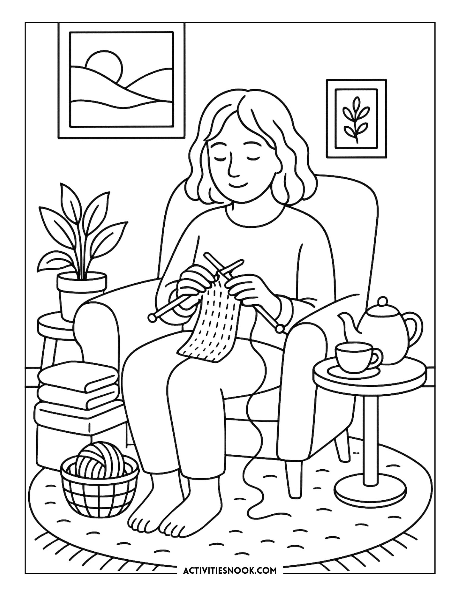 A girl sitting in an armchair knitting with a basket of yarn and a teapot nearby in a cozy indoor setting.