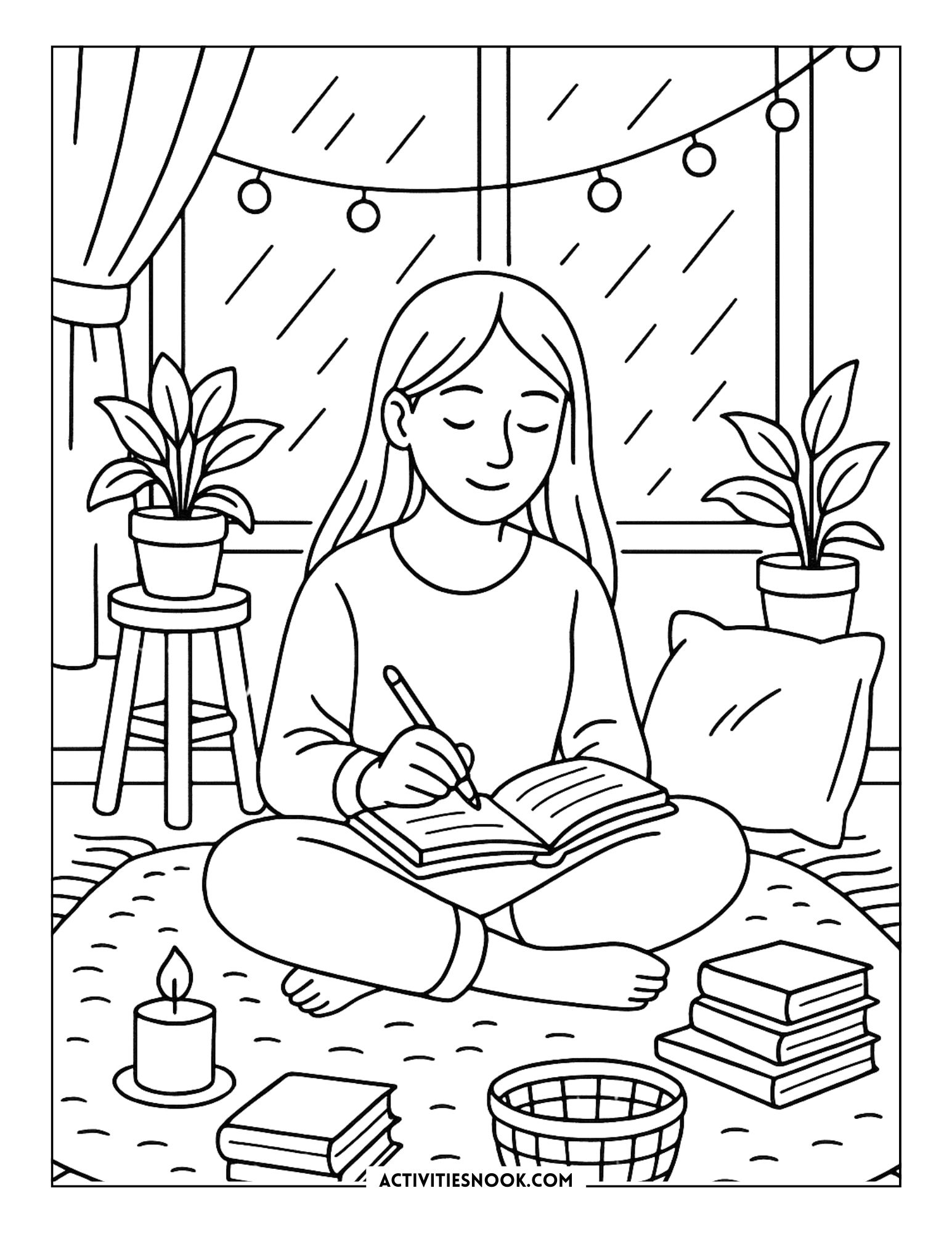 A girl sitting on a rug at home, coloring in a book with plants and books around her.