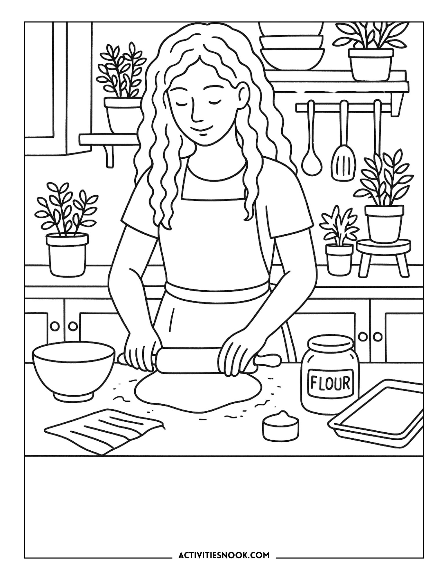 Girl with curly hair rolling dough on a kitchen countertop with flour and baking tools around her.