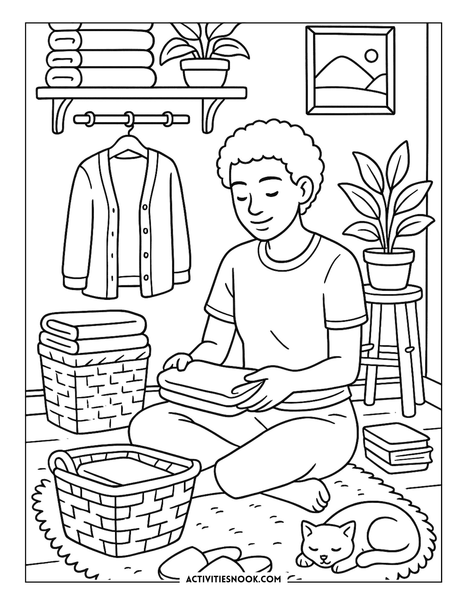 Girl sitting on a rug, folding clothes with a cat nearby in a cozy indoor setting.
