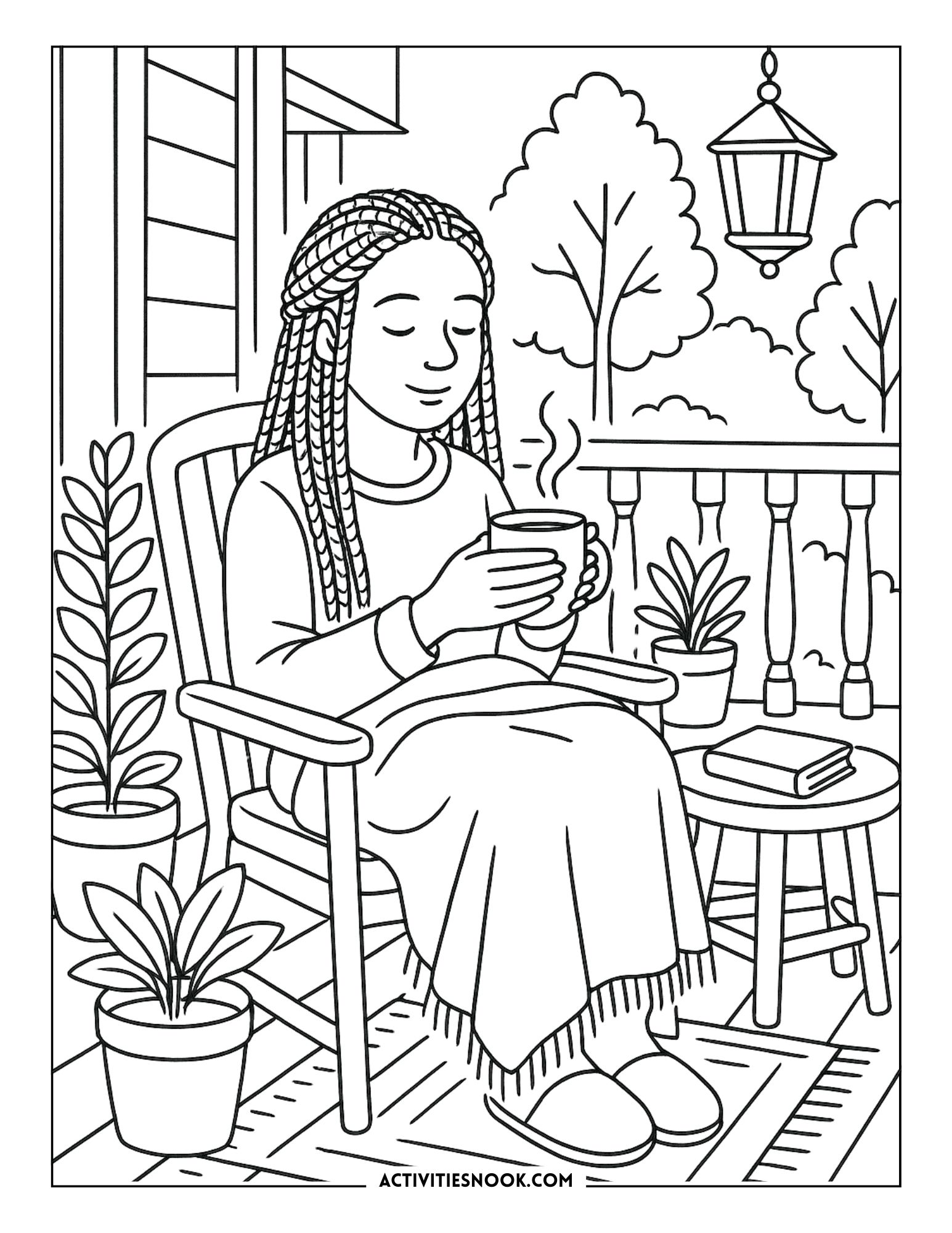 A girl with braided hair sitting on a porch holding a steaming cup, surrounded by potted plants and a book.