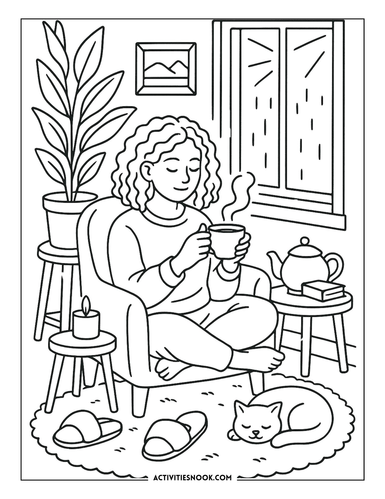 Line art illustration of a girl sitting in an armchair holding a cup, with a cat and plants nearby.