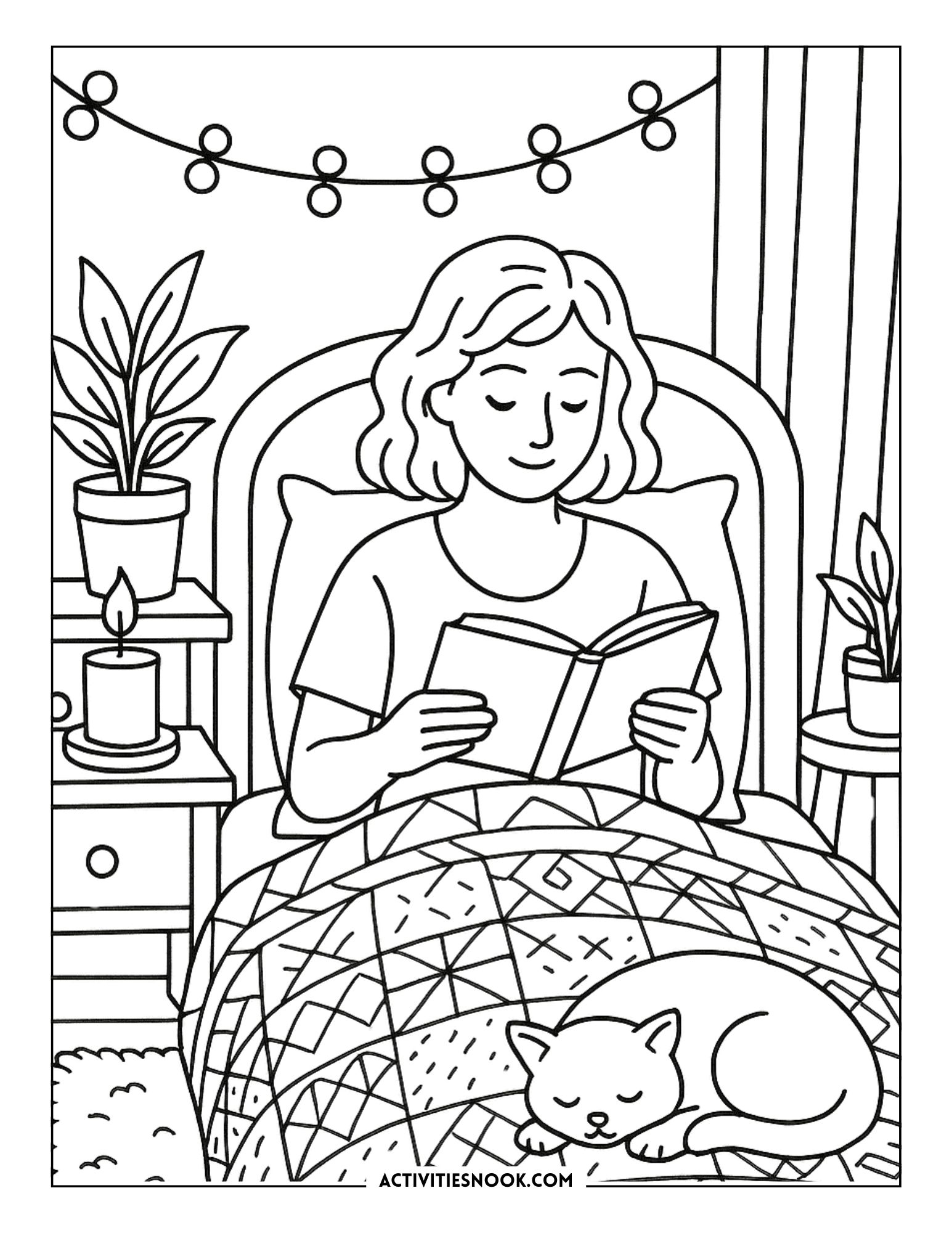 Girl reading a book in bed with a cat sleeping beside her, surrounded by plants and candles.
