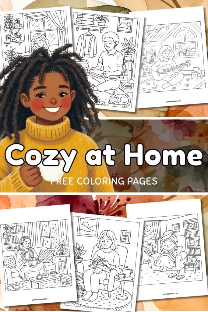 Illustration of a girl with curly hair wearing a yellow sweater, surrounded by various black and white coloring pages depicting cozy home activities.