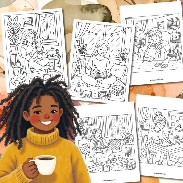 A girl with curly hair holding a cup, surrounded by various black and white coloring pages depicting cozy indoor scenes.