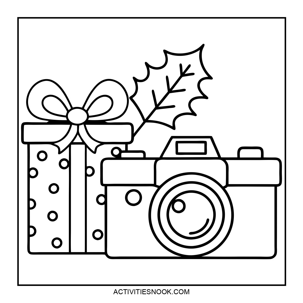 A black and white coloring page with a camera and a gift box.