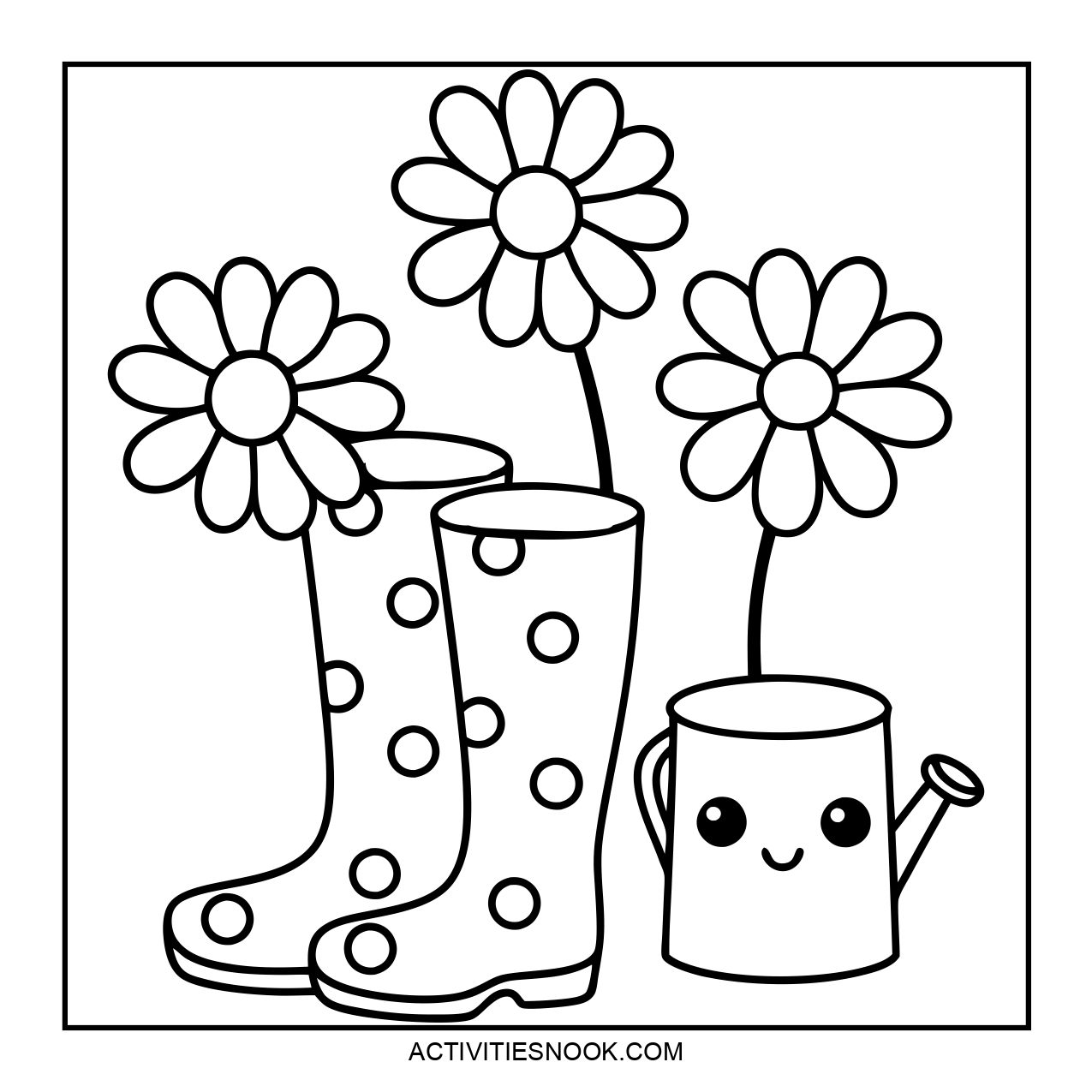 Coloring page featuring polka dot boots and a watering can with flowers.
