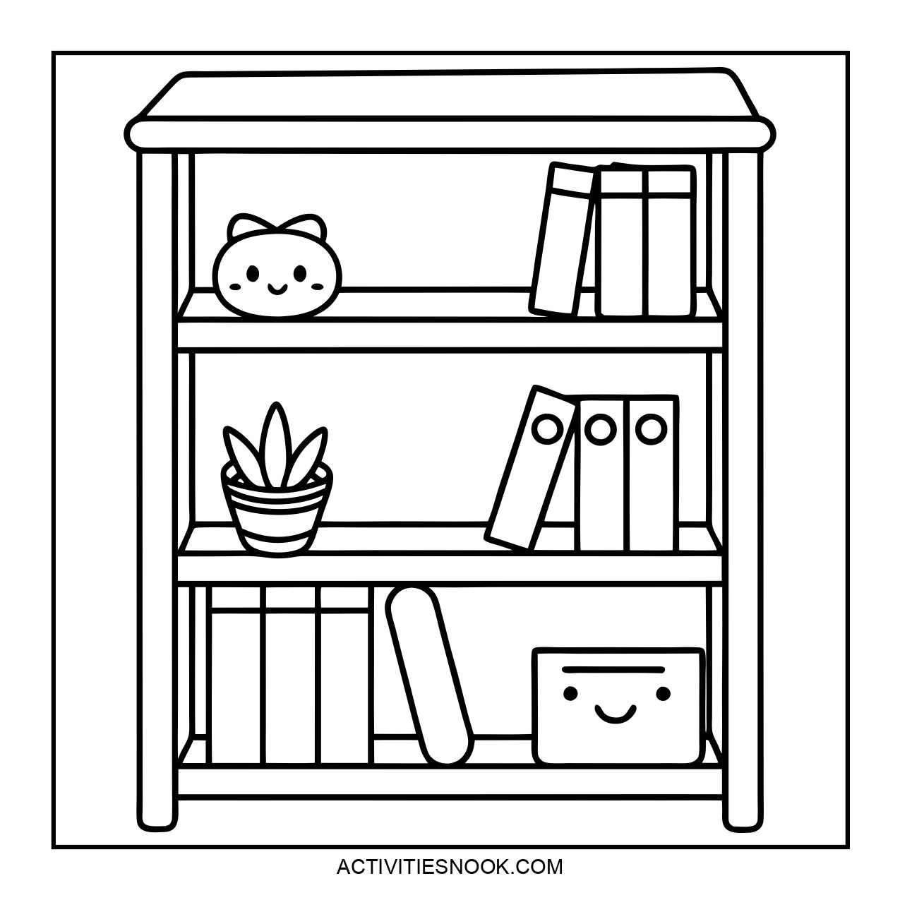 A coloring page featuring a bookshelf with various cute items.