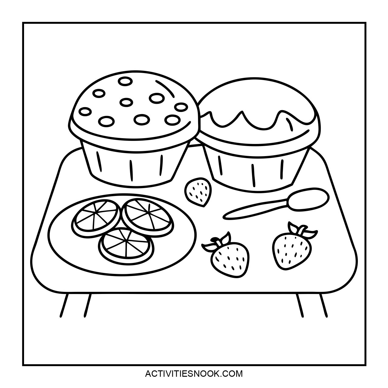 Two cupcakes and a plate of fruit on a table.