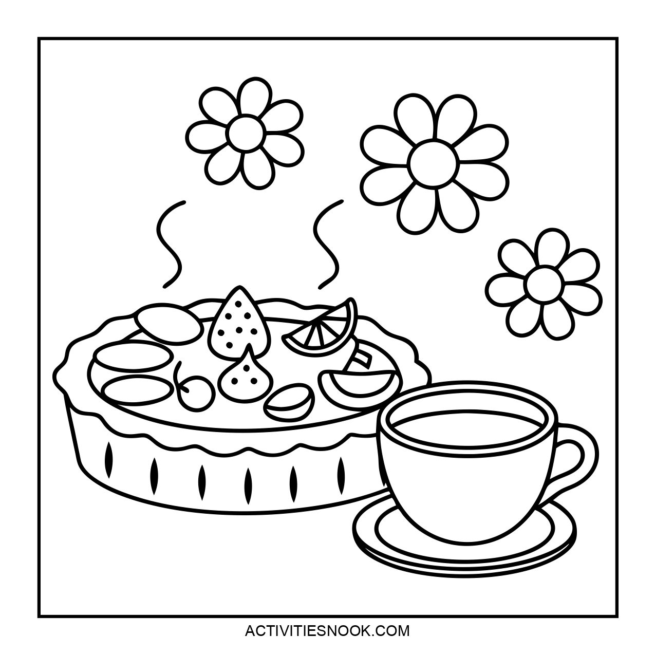 A coloring page featuring a pie and a cup of tea with flowers.