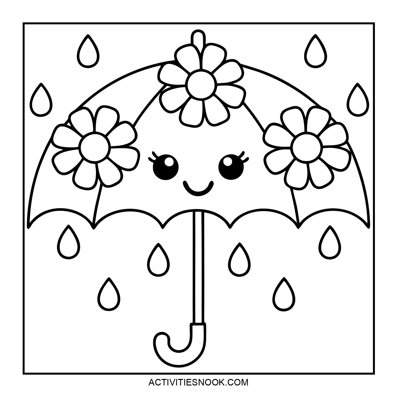 A preppy coloring page featuring a smiling umbrella with flowers.