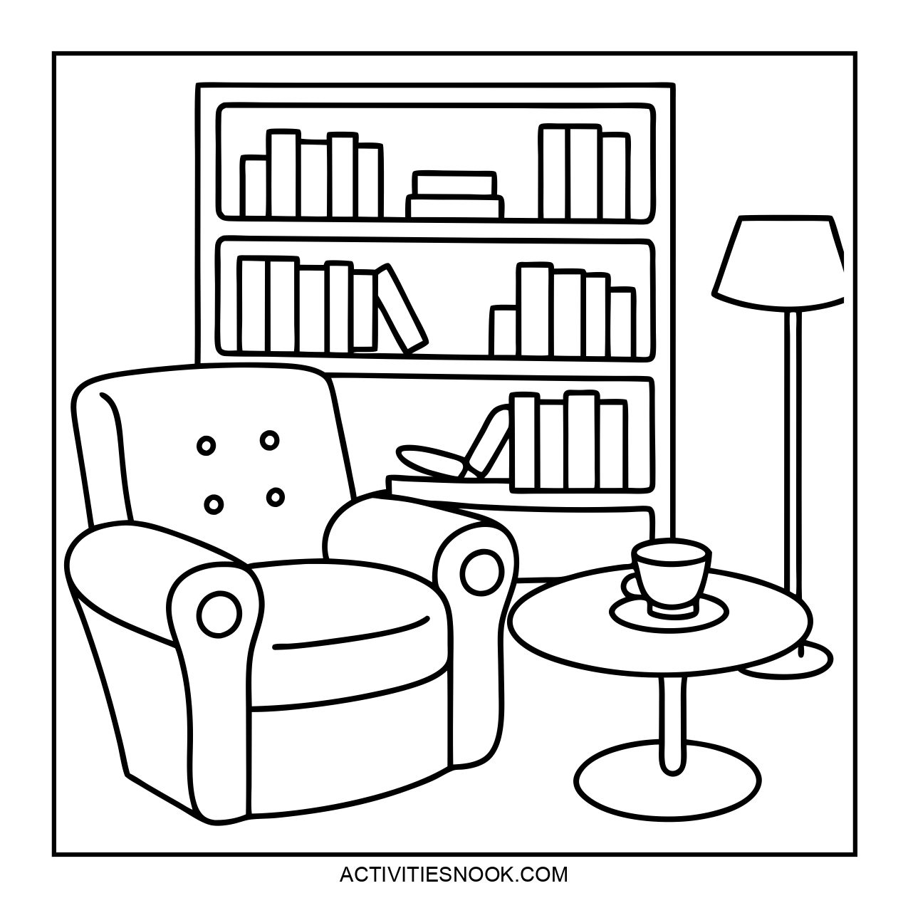 A cozy armchair beside a bookshelf and a side table.