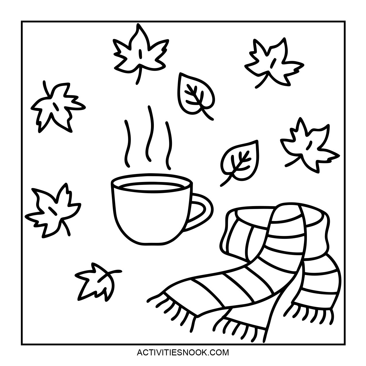 A cozy coloring page featuring a steaming cup and a scarf with falling leaves.