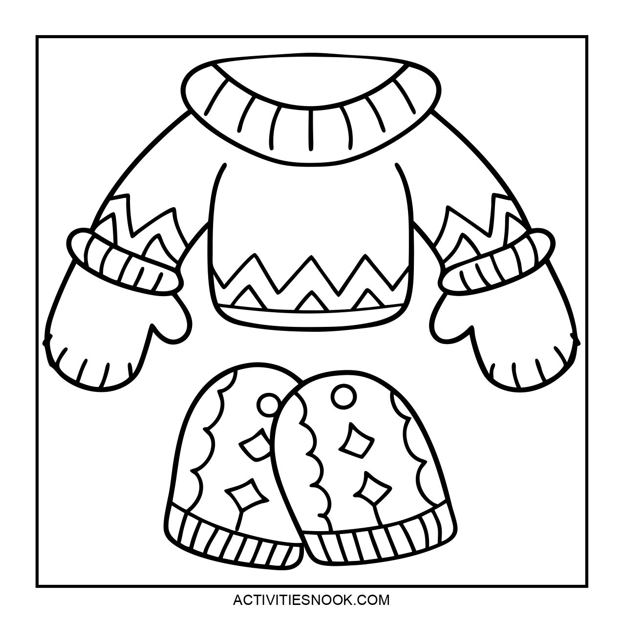 A cozy sweater and mittens coloring page.