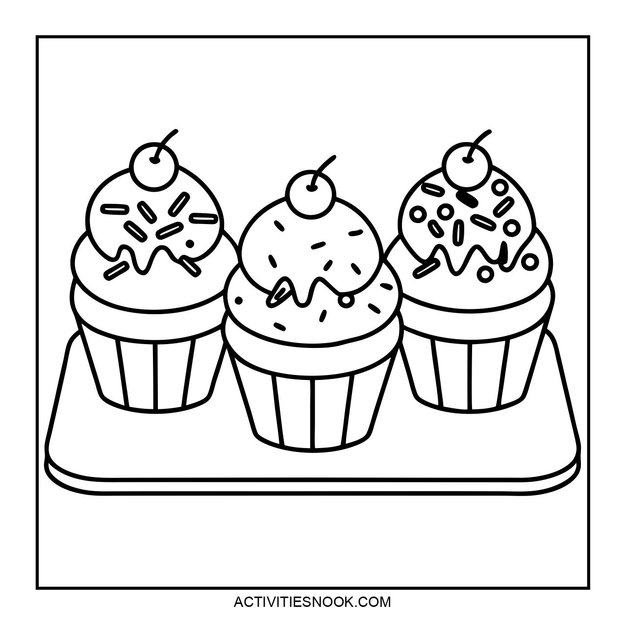 Three outlined cupcakes with sprinkles and cherries on top.