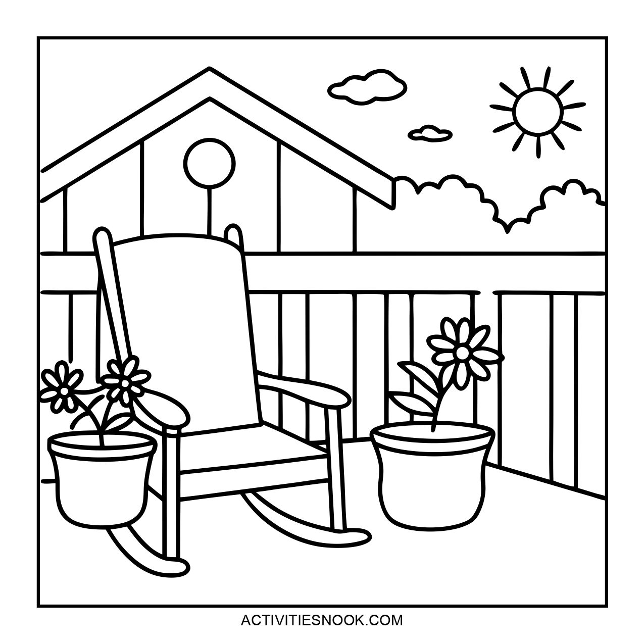 A coloring page featuring a rocking chair and potted plants by a fence and shed.