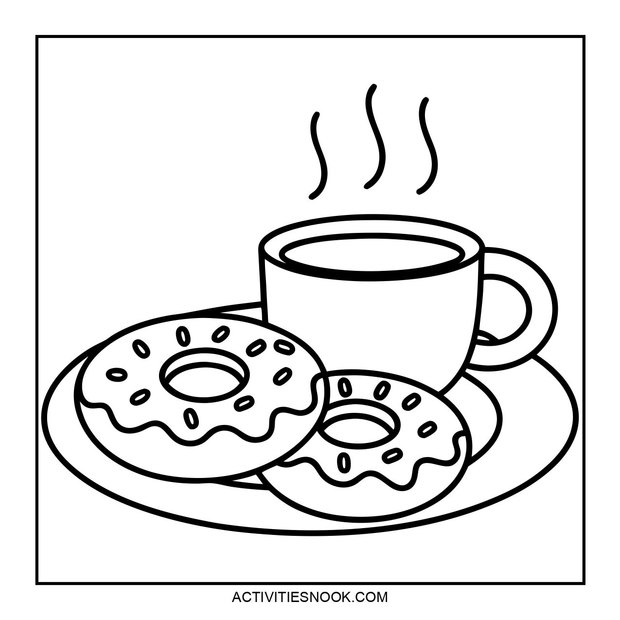 A cup of coffee with two donuts on a plate.