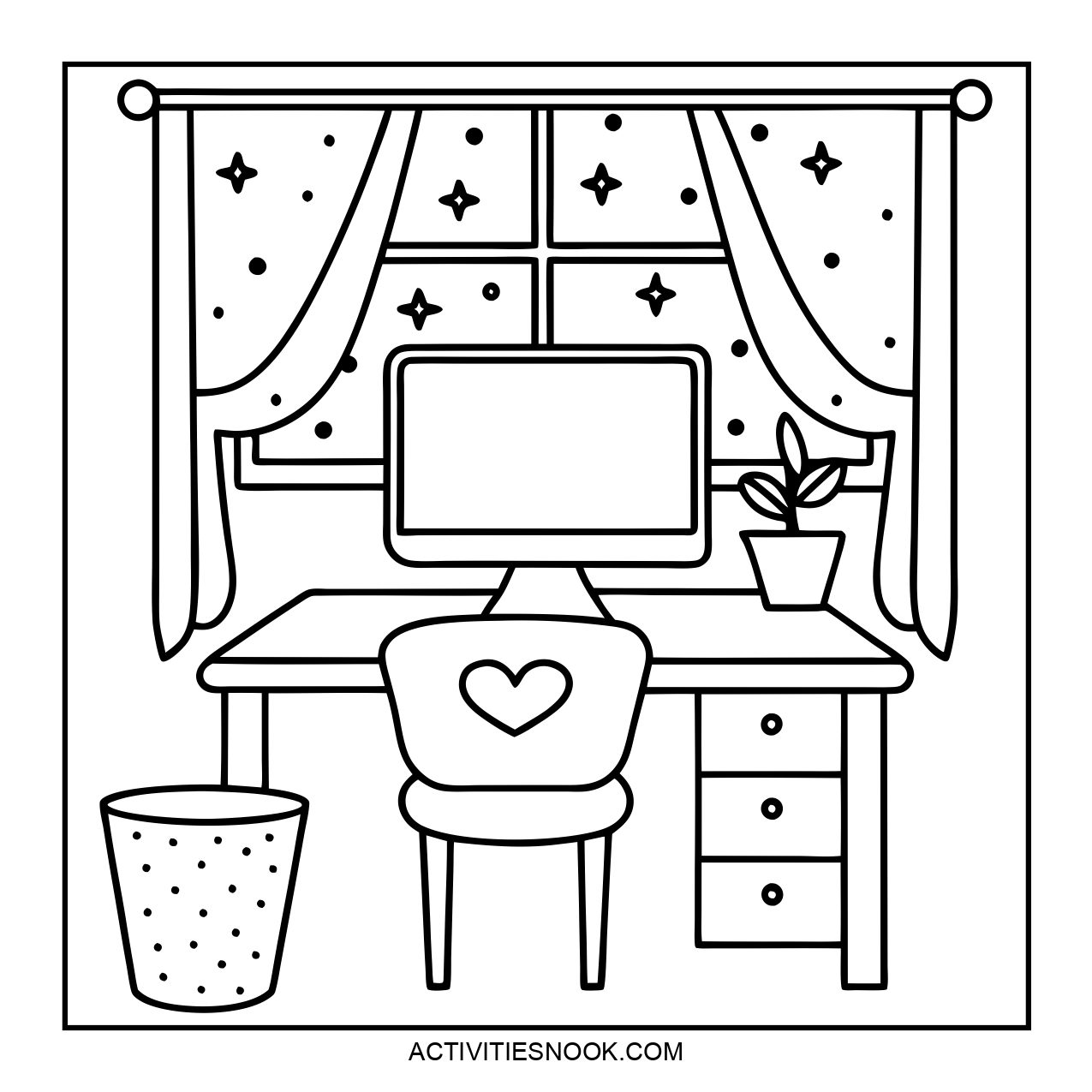 A black and white coloring page depicting a desk with a computer, a potted plant, and a wastebasket under a window with stars.