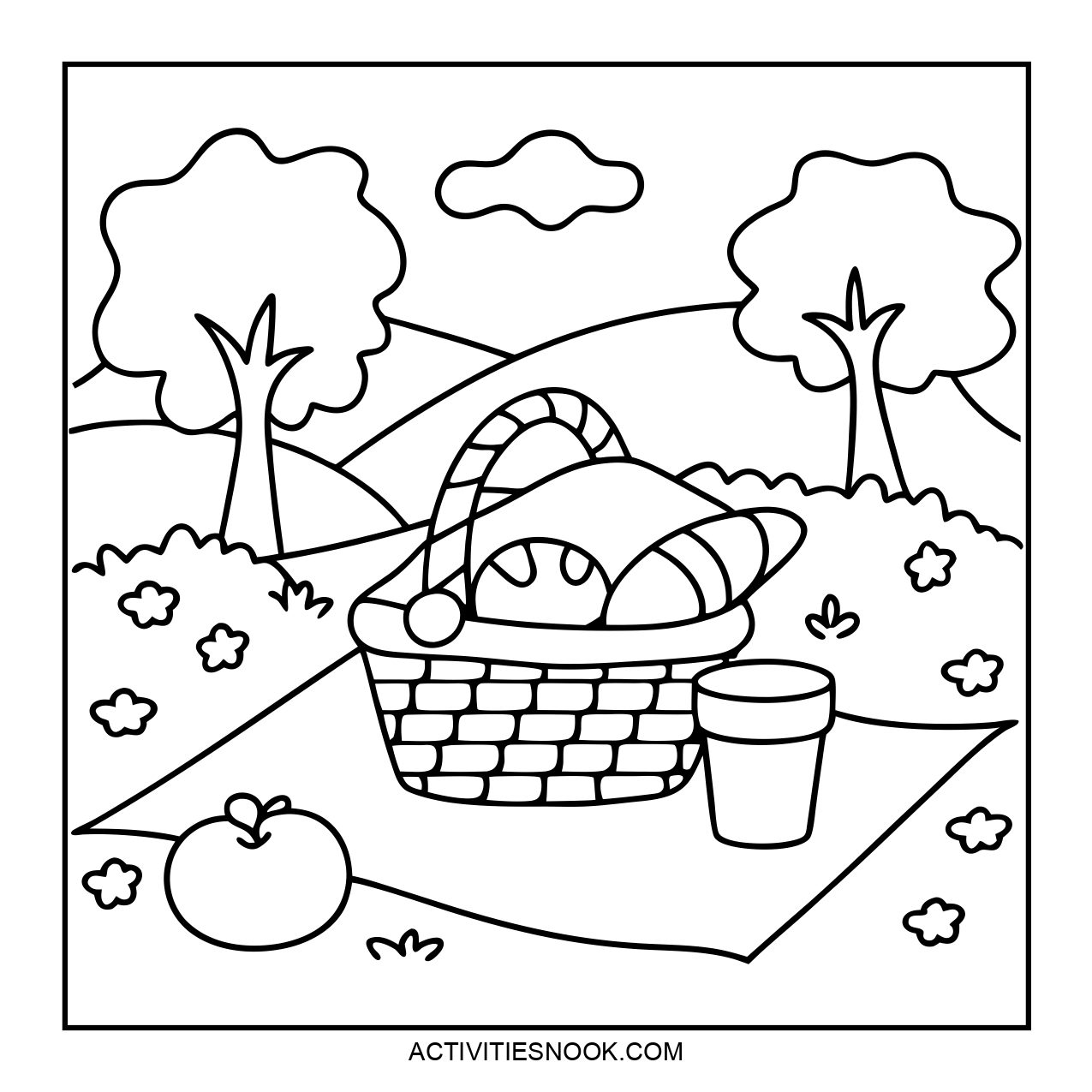 A coloring page featuring a picnic basket and outdoor elements.