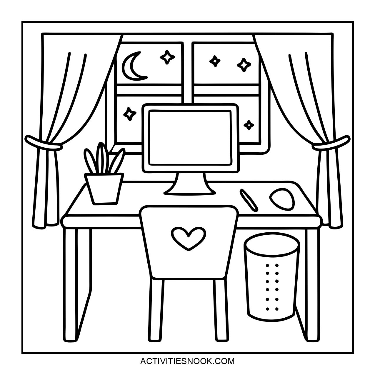 A cozy workspace illustration with a desk and computer.