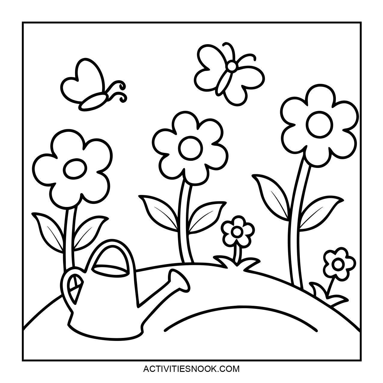 A coloring page featuring flowers, a watering can, and butterflies.