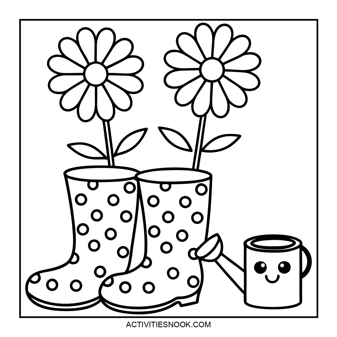 Coloring page featuring polka dot boots with flowers and a watering can.