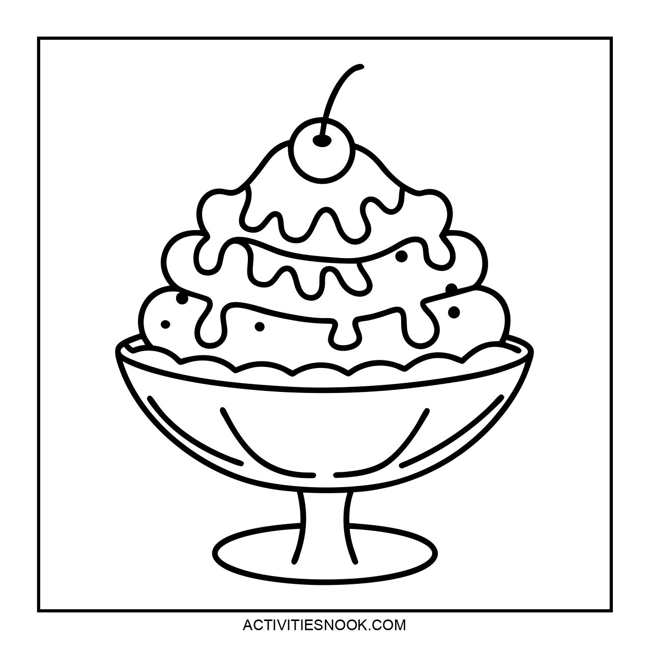 A coloring page featuring a dessert bowl with ice cream and a cherry.