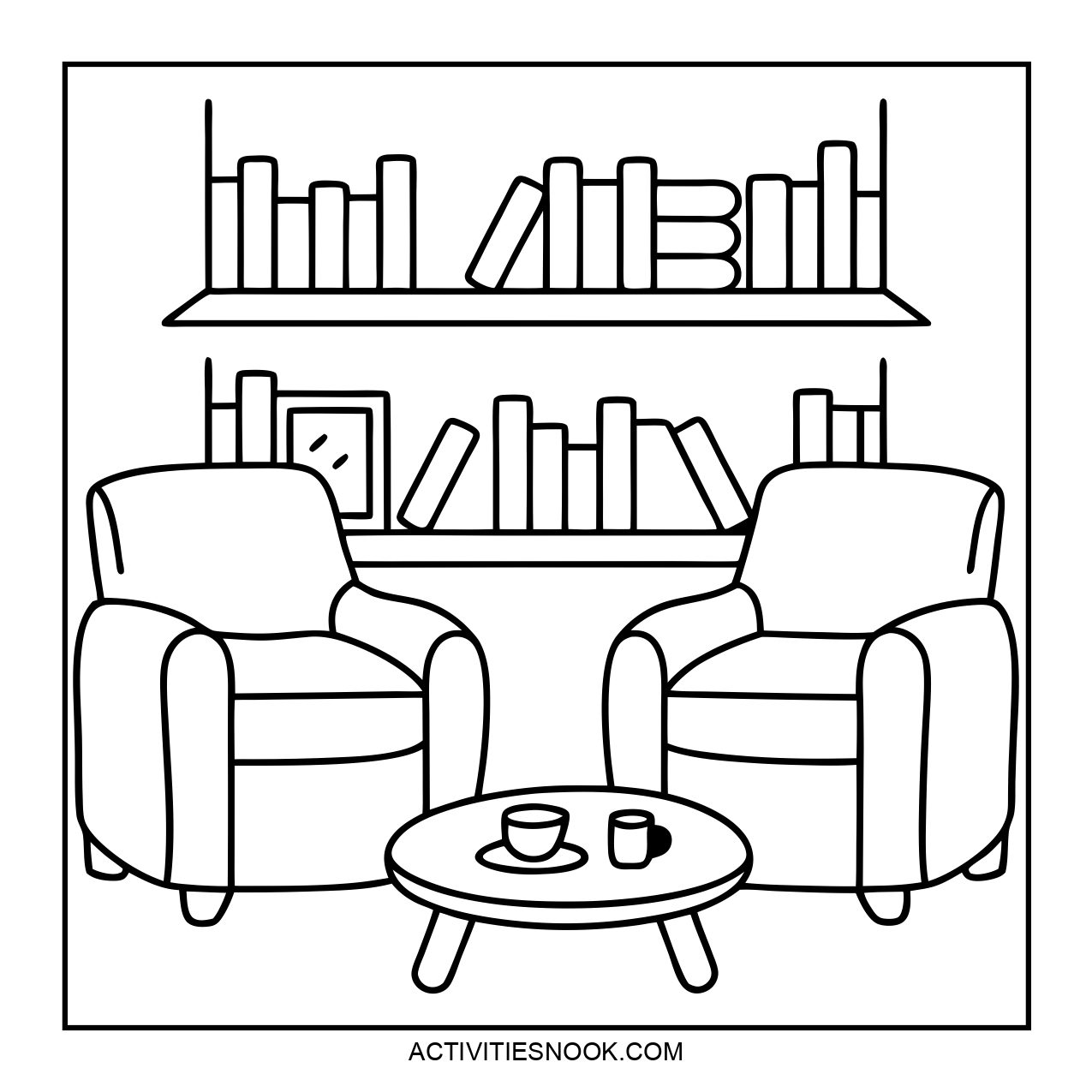 A cozy scene with two armchairs and a coffee table.