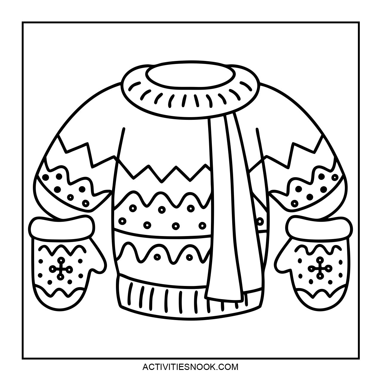 A coloring page featuring a cozy sweater with a scarf and mittens.