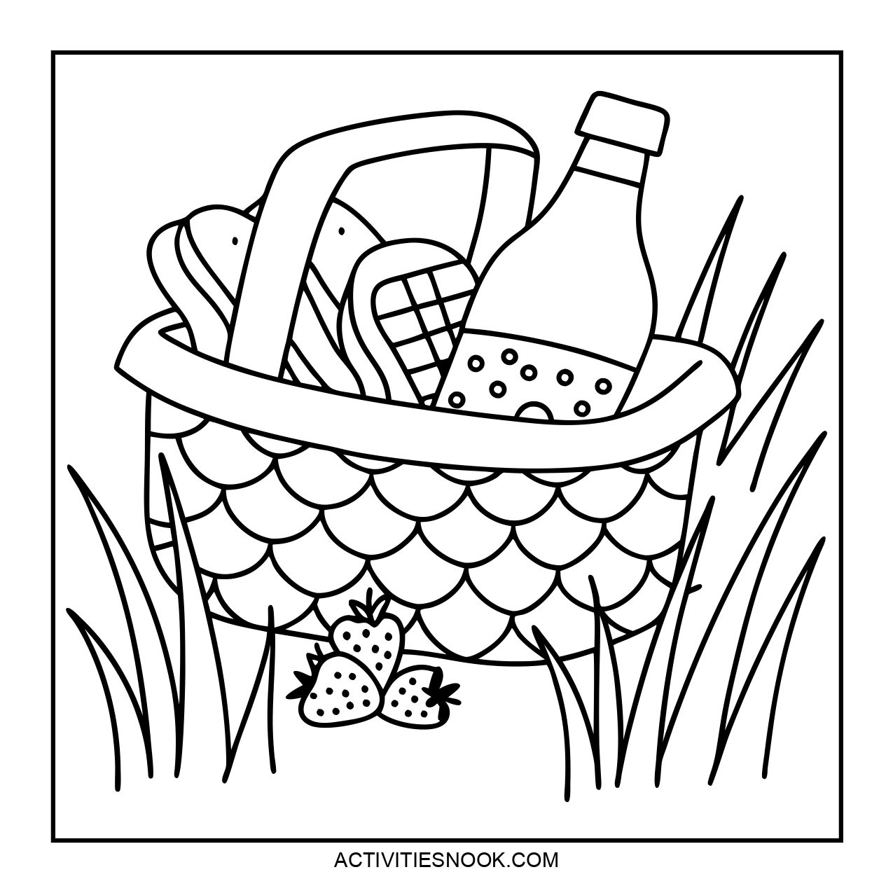 A coloring page featuring a picnic basket with food items.