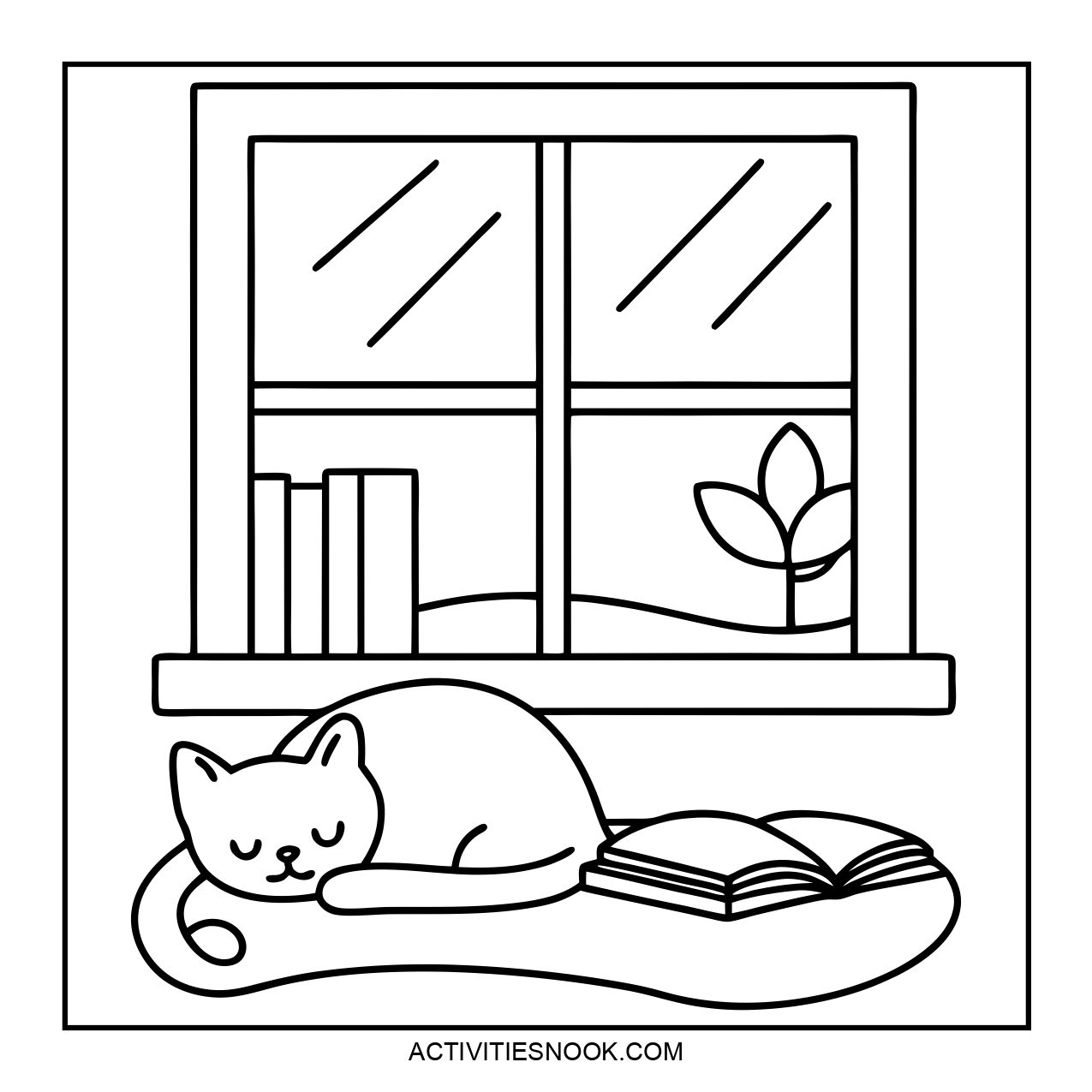 A cozy cat sleeping on a mat near a window with books.