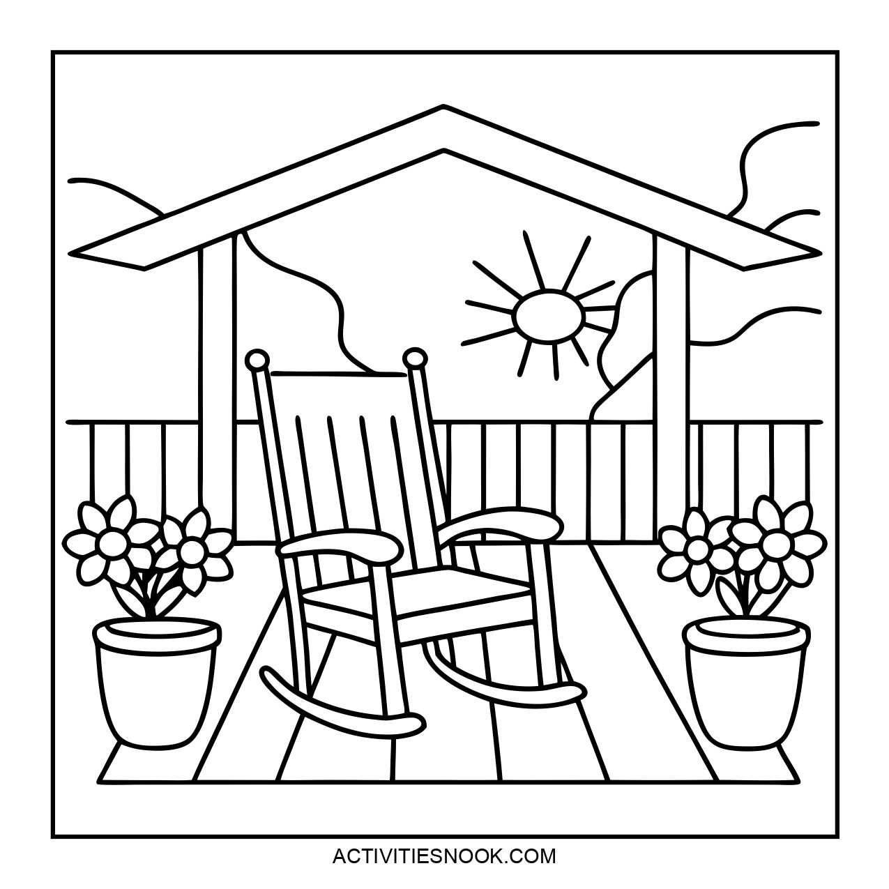 A coloring page featuring a rocking chair on a porch with flowers.