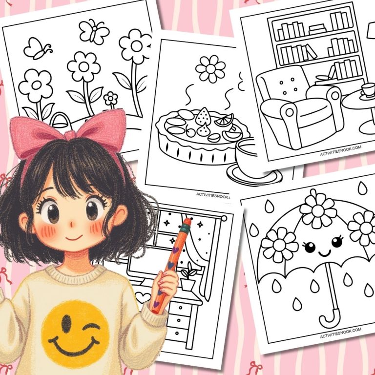 A girl holding a pencil with various cute and cozy coloring pages in the background.