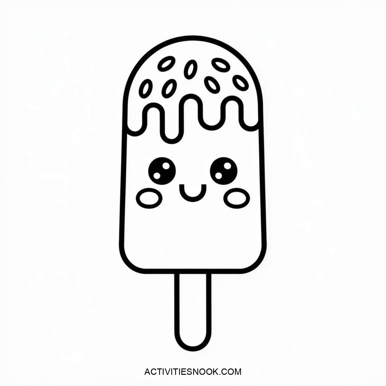 ice cream popsicle with a smiling face, topped with sprinkles and dripping chocolate. Simple line art design.