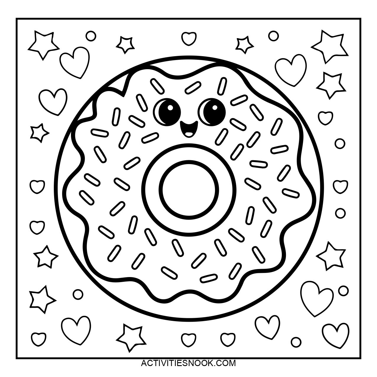 A cute donut coloring page with a smiling face and decorative hearts.