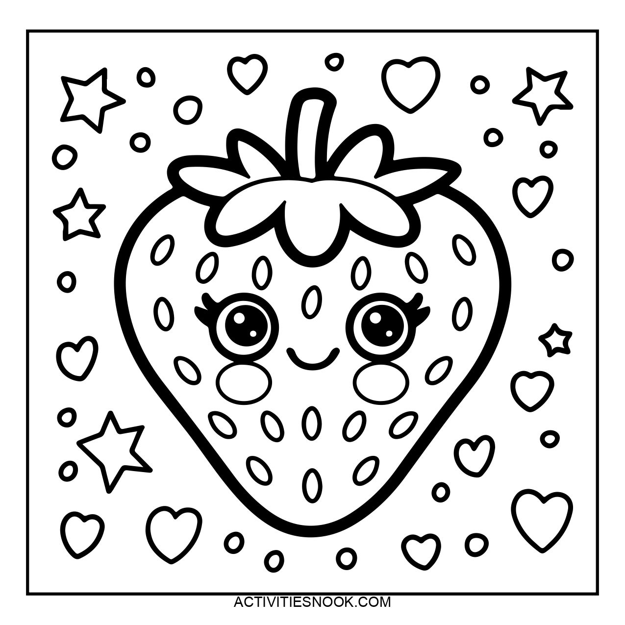 A cute strawberry coloring page with stars and hearts.