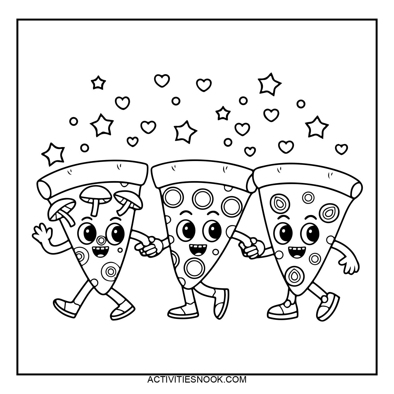 Three cute pizza slices with faces and hands walking together.