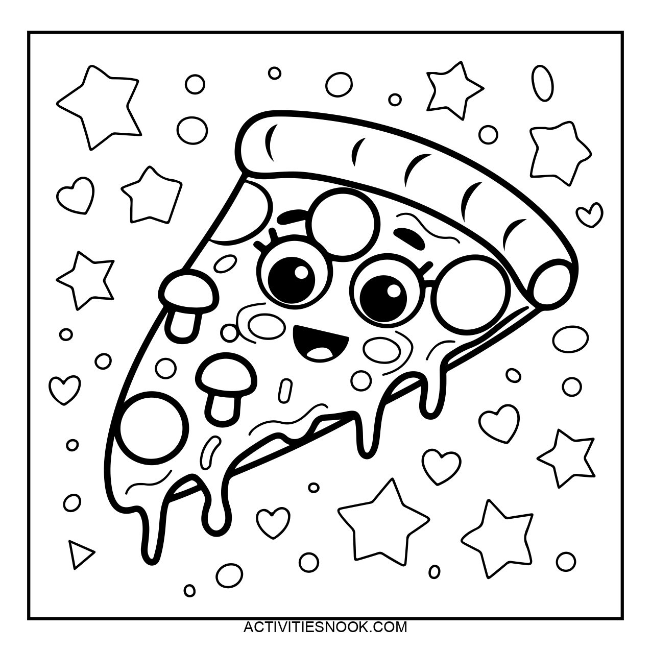 A cute pizza slice with a smiling face and toppings.