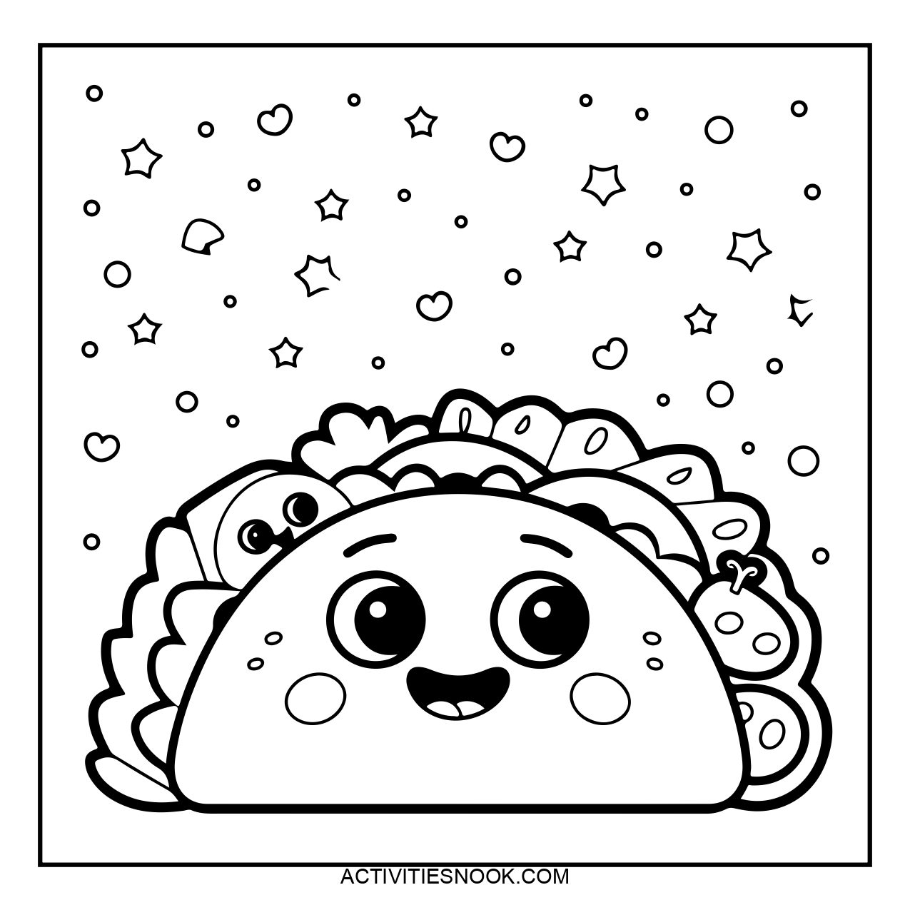 A cute cartoon taco with a smiling face and decorative elements.