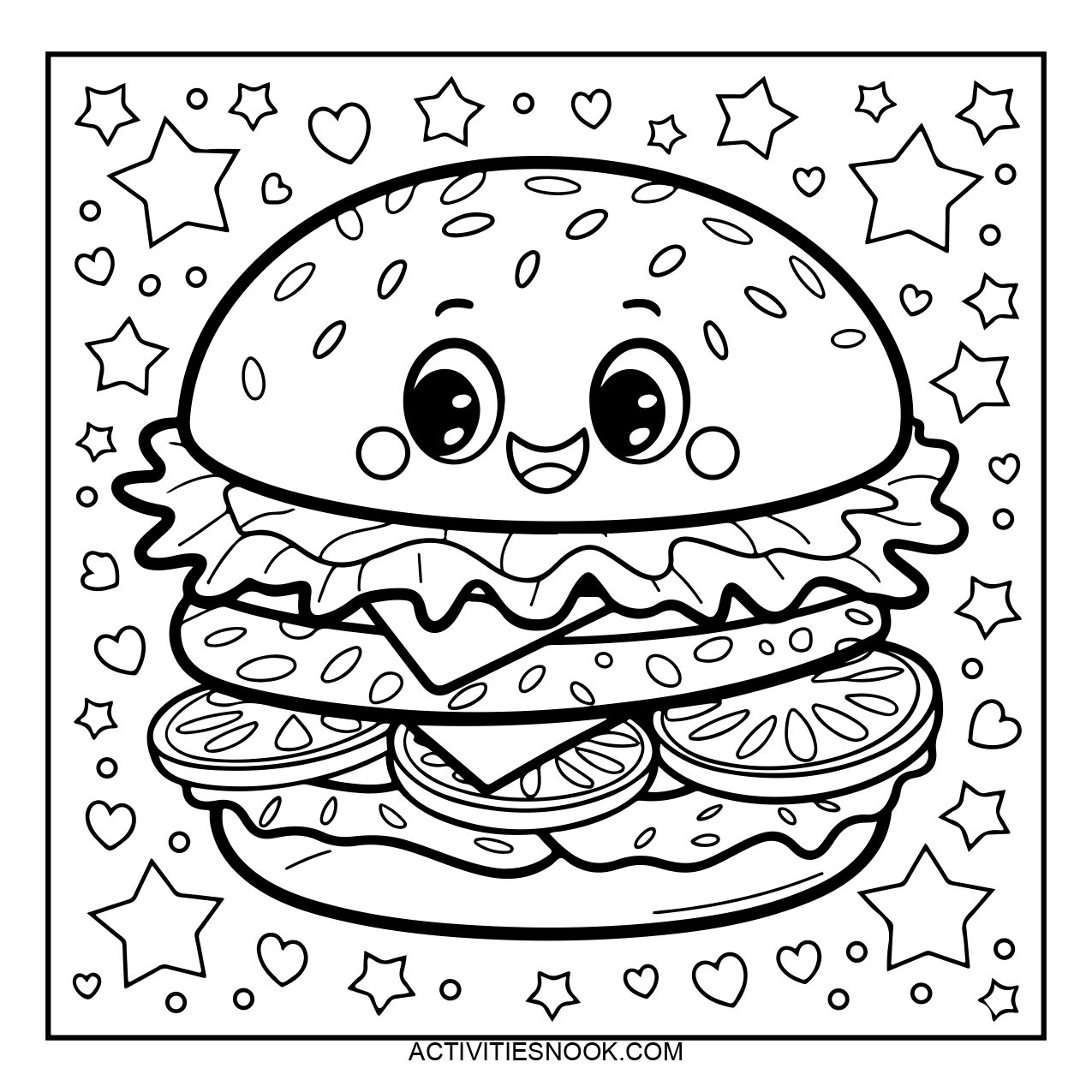 A cute hamburger coloring page with a smiling face, layers of lettuce, cheese, and tomato, surrounded by star patterns.
