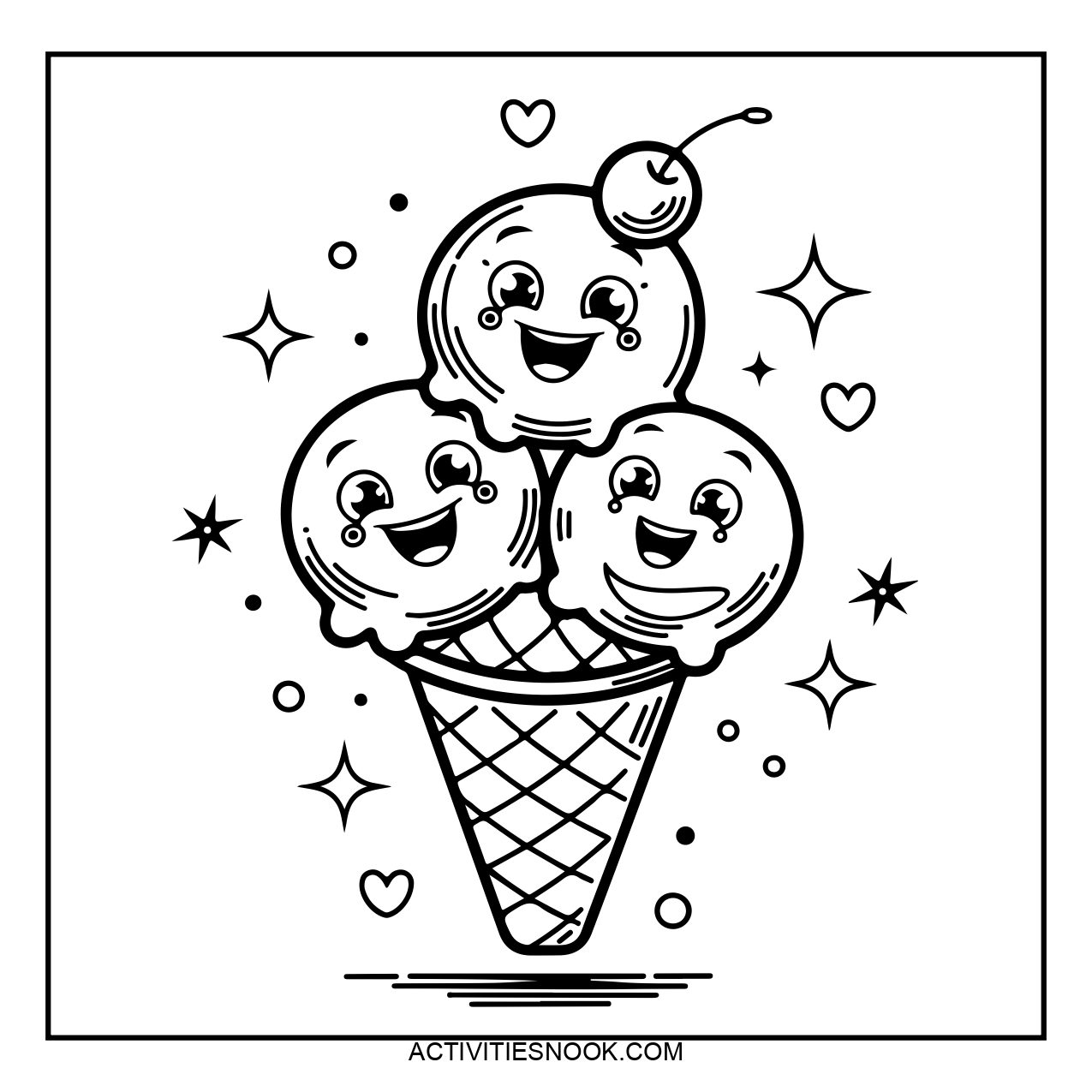 Coloring sheet of three cheerful ice cream scoops with faces, topped with a cherry, in a waffle cone.
