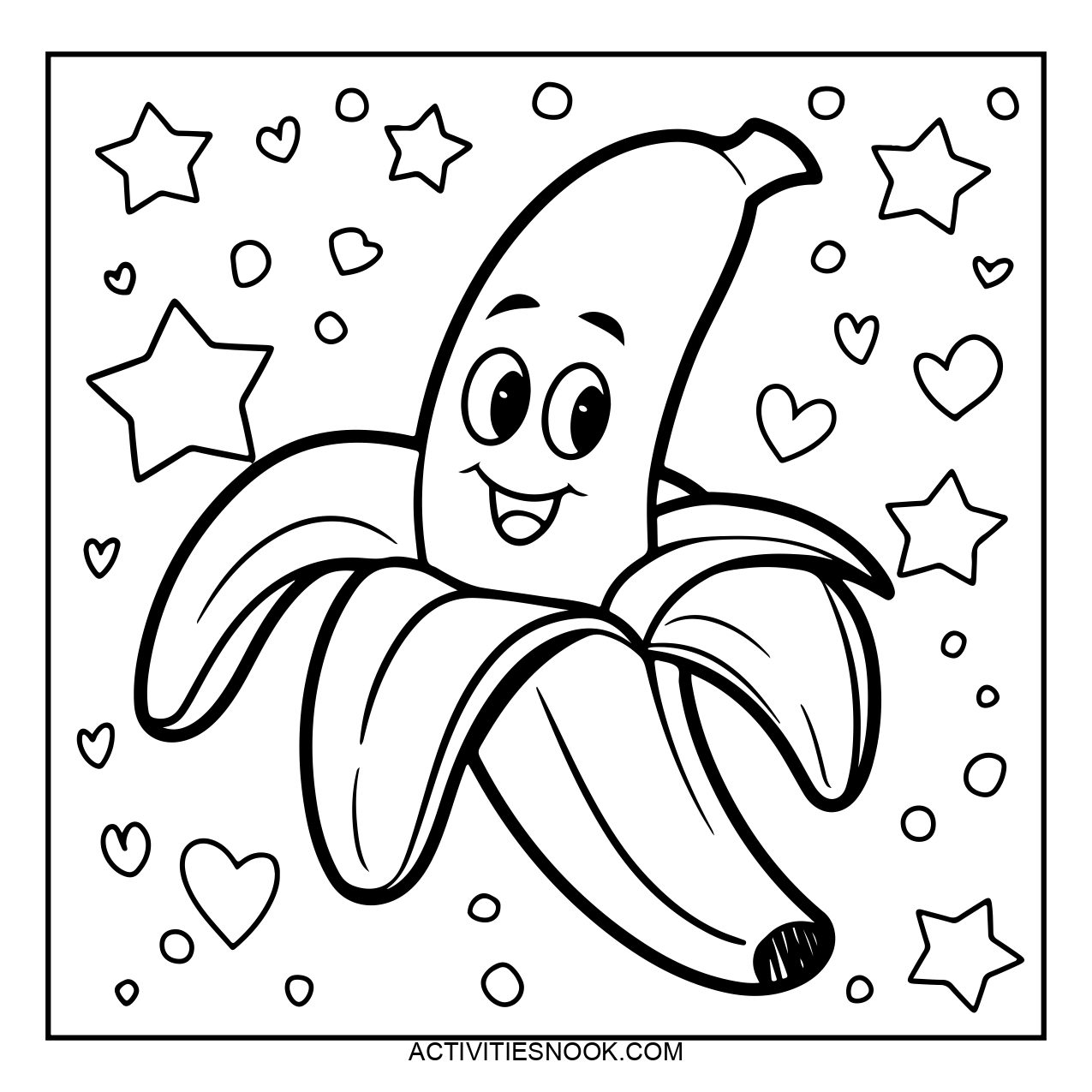 A cartoon-style banana with a smiling face, surrounded by stars and hearts in a coloring page format. Suitable for coloring activities.