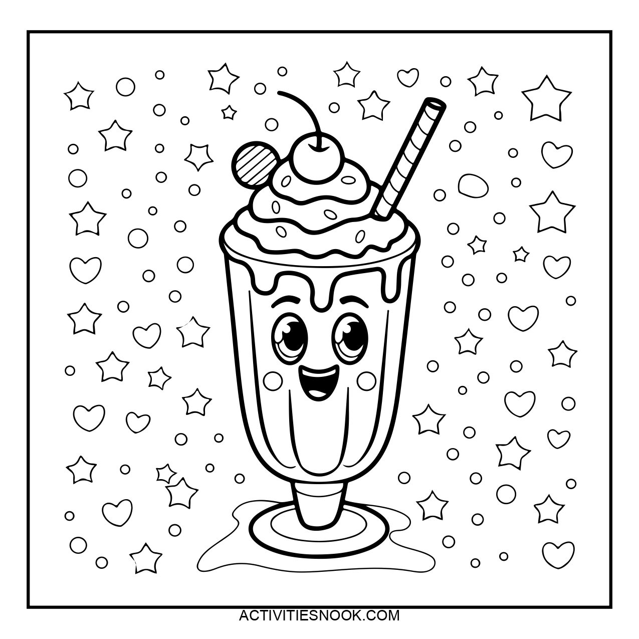 Coloring page of a milkshake with a smiling face, topped with whipped cream and a cherry, surrounded by stars.