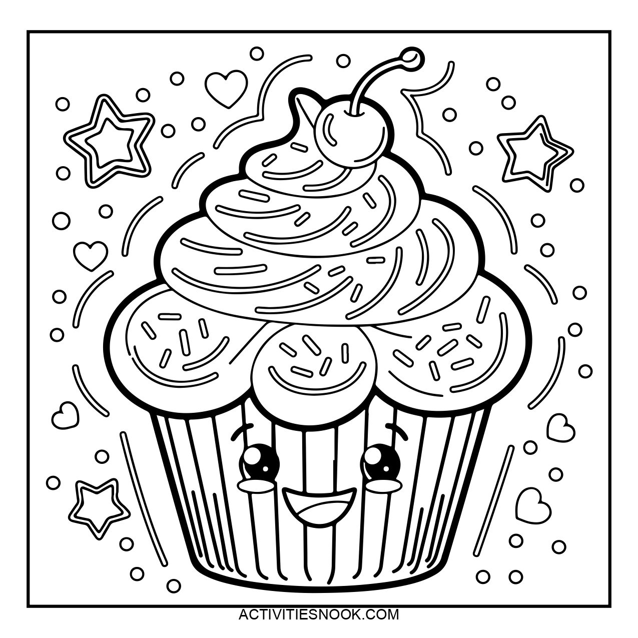 A cute cupcake coloring page with a smiling face topped with frosting and a cherry. Surrounded by stars and decorative elements.