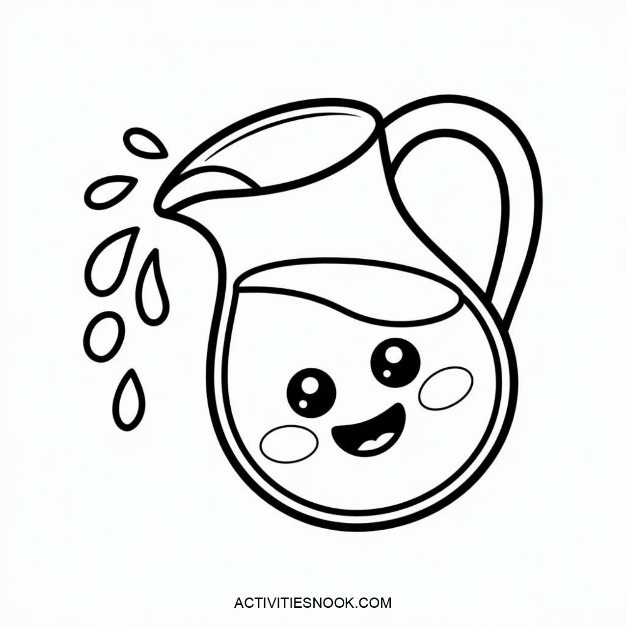 A cartoon-style pitcher with a cheerful expression and water droplets falling from the spout. The design is simple and suitable for coloring activities.
