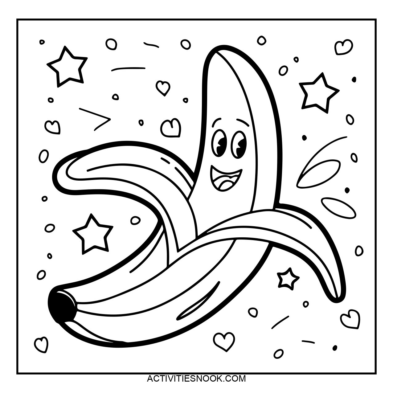 A playful coloring sheets of a smiling banana surrounded by stars and hearts.