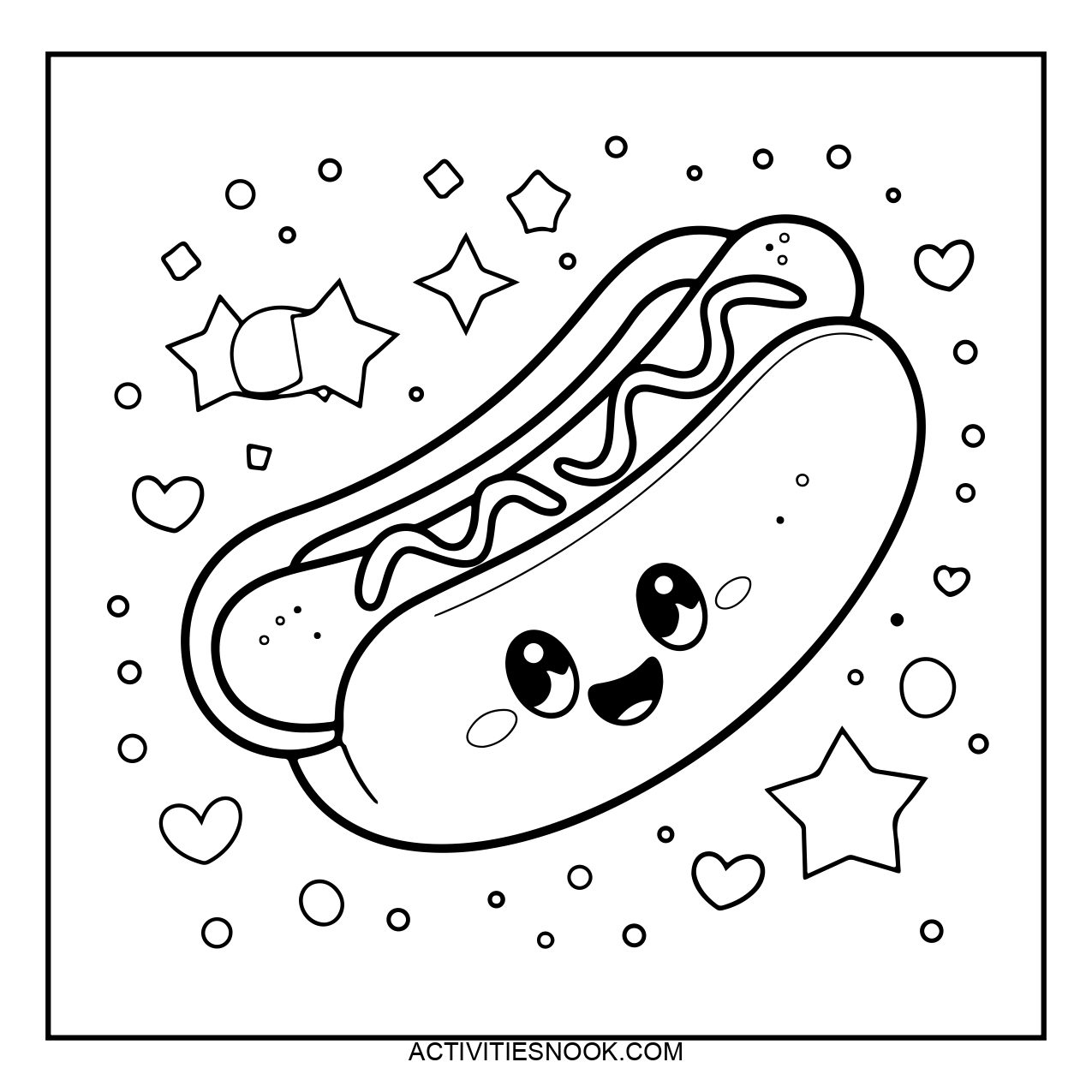 A cute cartoon-style hot dog with a smiling face and decorative stars.