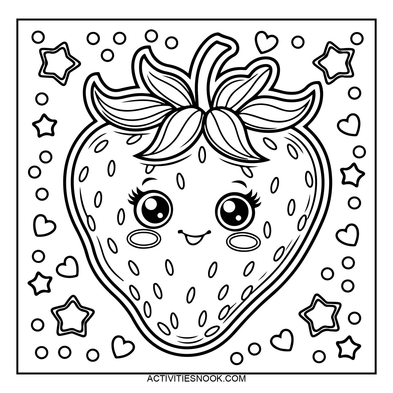 A cute cartoon strawberry coloring page with smiling face and decorative stars.