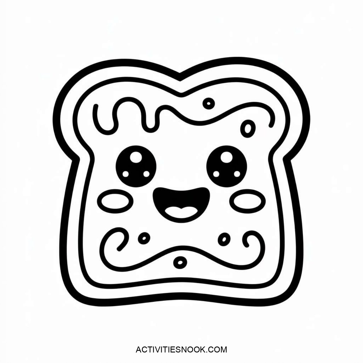 A cartoon-style illustration depicting a slice of bread with a smiling face and decorative swirls.